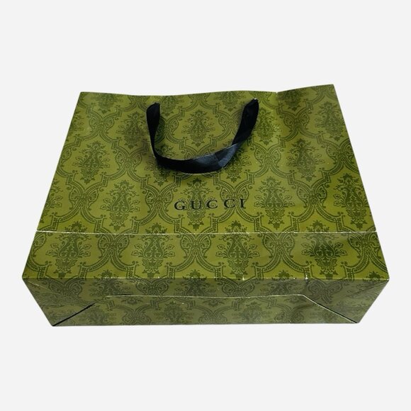 GUCCI Authentic Paper Shopping Gift Bag Tote Green Damask Print 12.5"x4"x9.5" - Picture 4 of 5